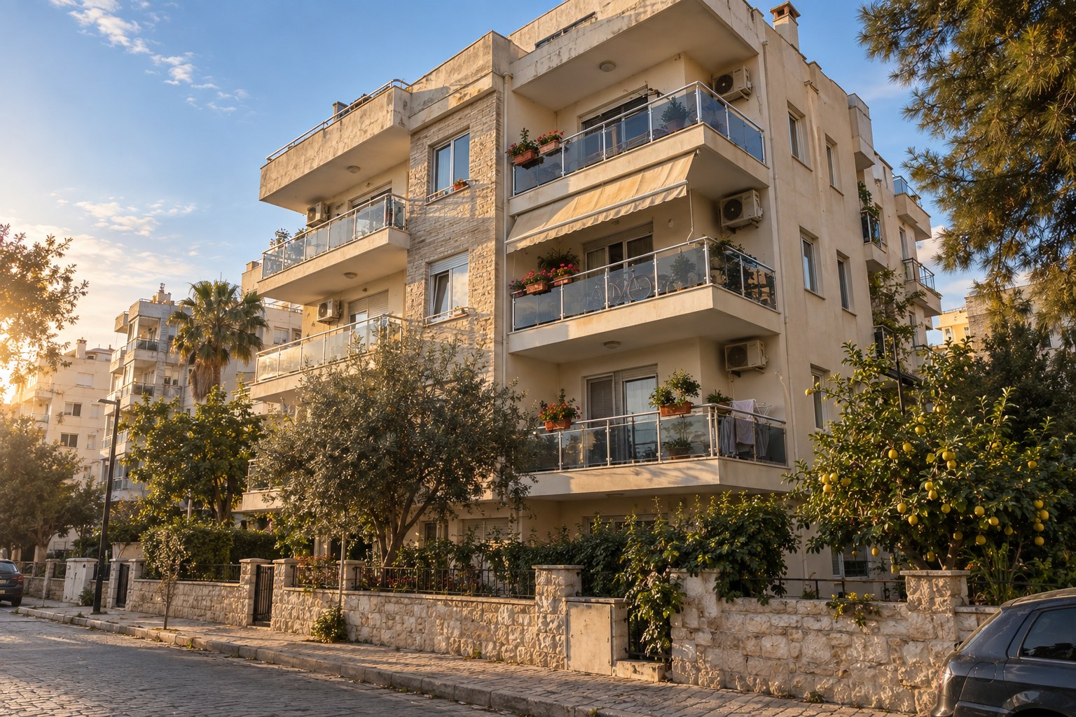Akşam güneşinde balkonlu bir apartman