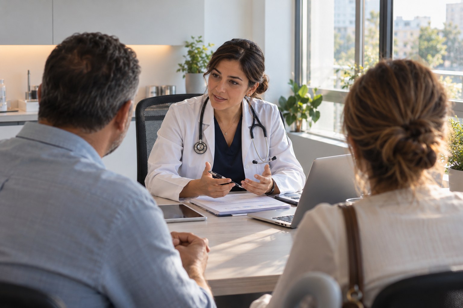 Klinikte bir çiftle görüşen doktor